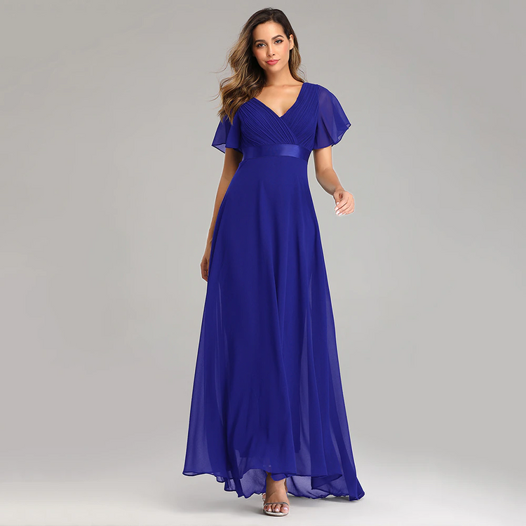 Vestido de Festa Longo com Faixa de Cetim Azul Royal
