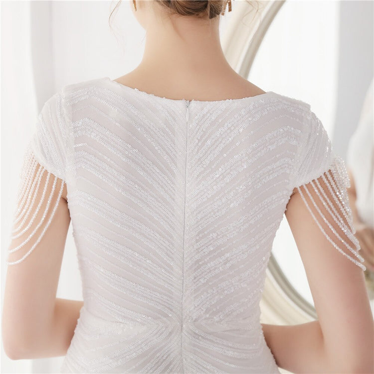 Vestido de Festa Luxo Sereia com Detalhes Paetês Branco