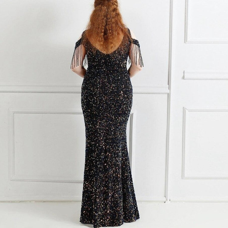 Vestido de Festa Longo Manga Borla Preto