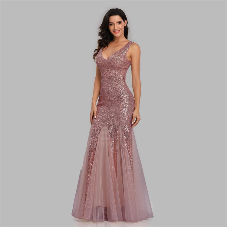 Vestido de Festa Longo Sereia com Detalhes Paetês Rosé