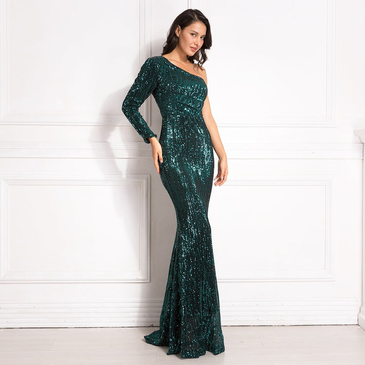 Vestido de Festa com Tecido em Dupla Camada e Brilho Verde