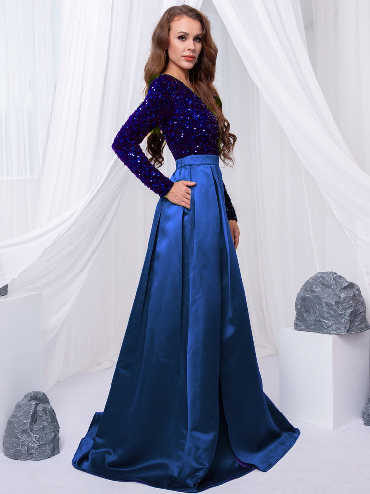 Vestido de Festa Longo Brilho com Abertura Lateral Azul