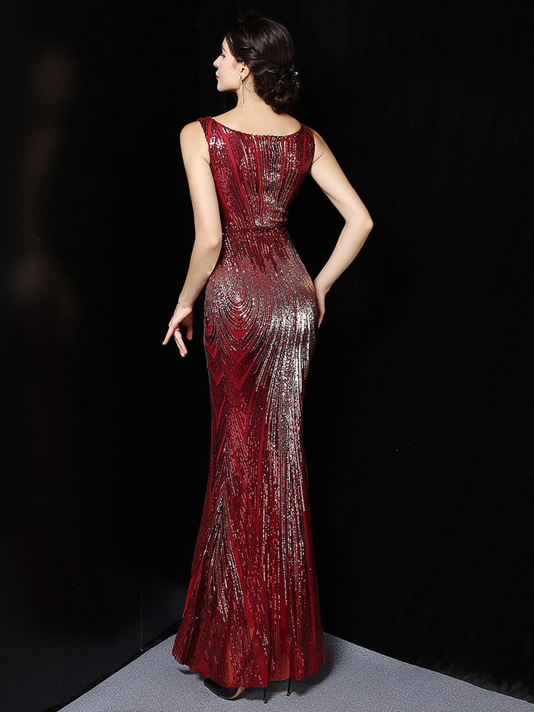 Vestidos de Festa Sereia Luxo com Brilho Marsala Gold