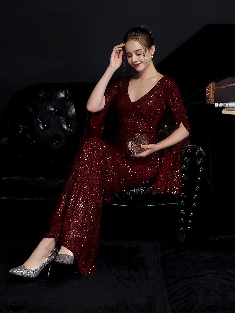 Vestido de Festa Longo Sereia Cristal com Manga Solta Marsala
