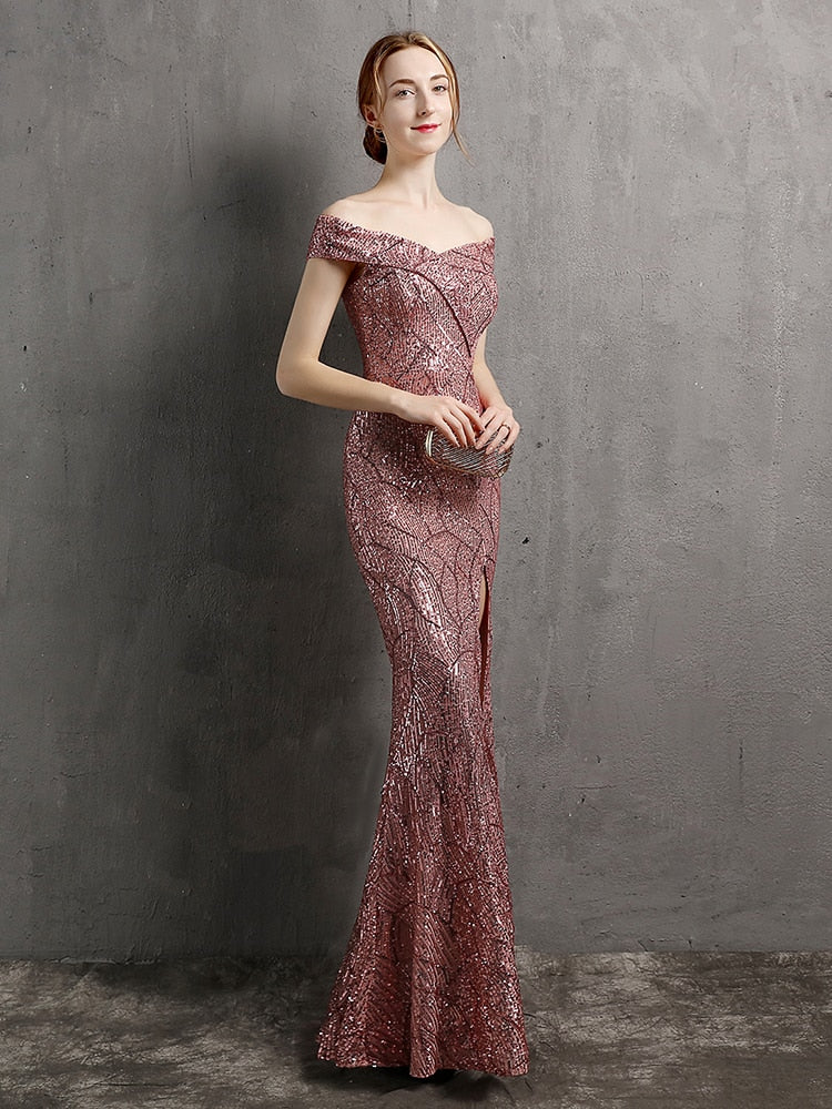 Vestido de Festa Longo com Abertura Lateral em Chiffon Rosa Empoeirado