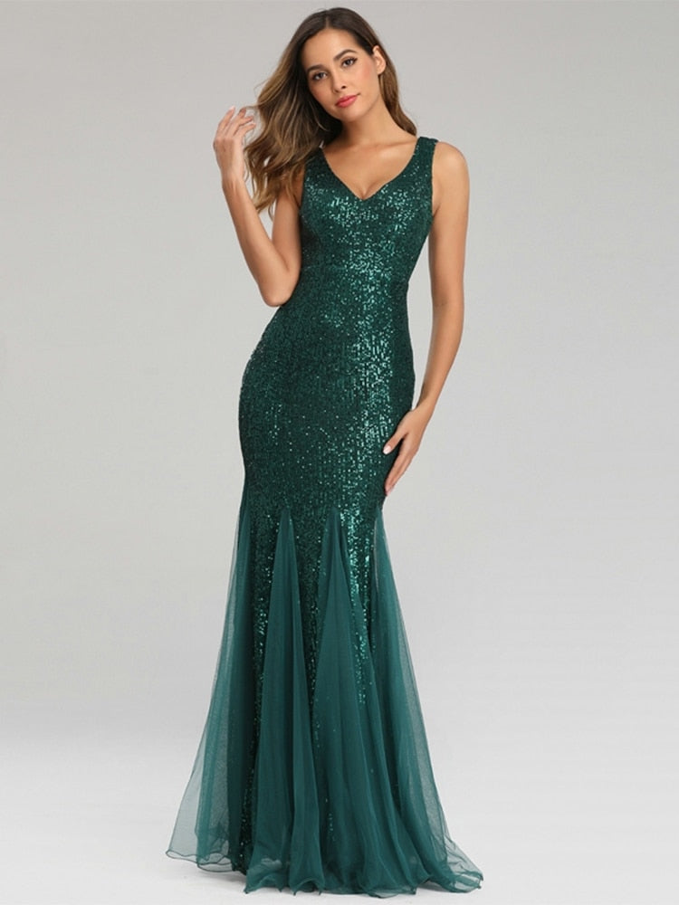 Vestido de Festa Longo Sereia com Detalhes Paetês Verde