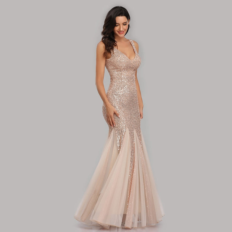 Vestido de Festa Longo Sereia com Detalhes Paetês Dourado (Pronta Entrega)