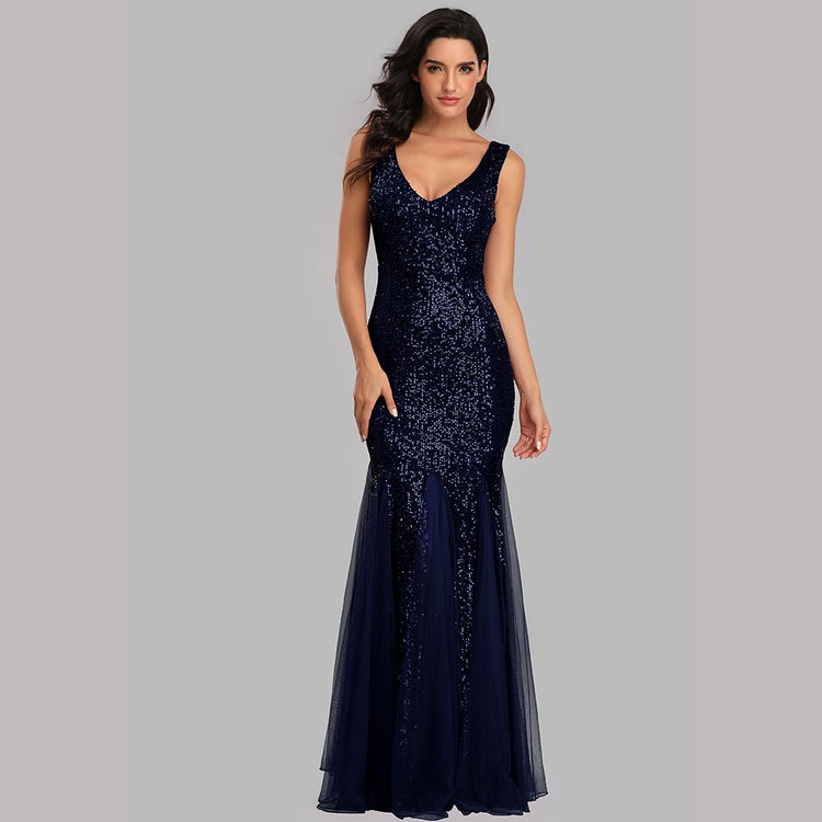 Vestido de Festa Longo Sereia com Detalhes Paetês Azul Marinho