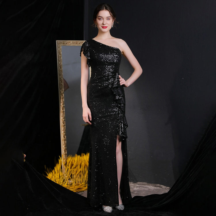 Vestido de Festa Longo com Abertura Bordada Brilho Preto