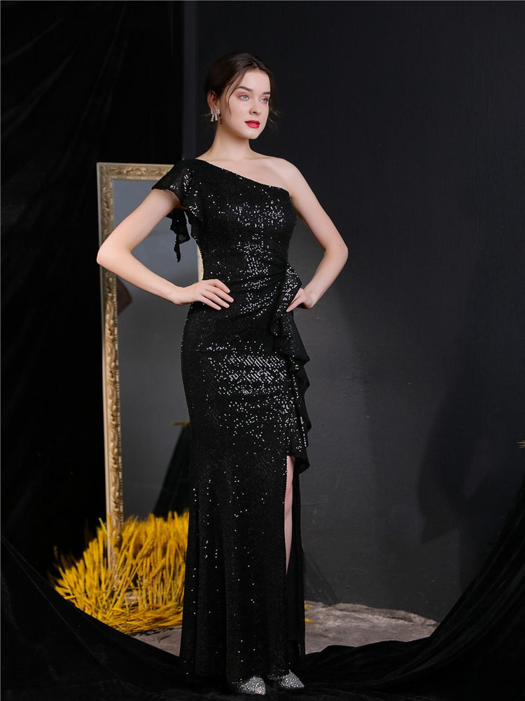 Vestido de Festa Longo com Abertura Bordada Brilho Preto