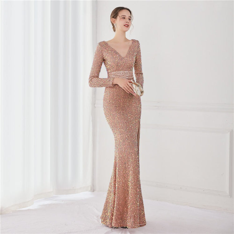 Vestido de Festa Longo Luxo Todo Detalhado em Paetês Dourado