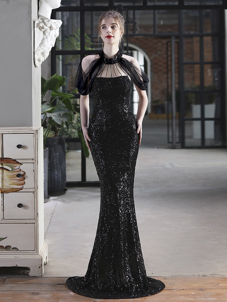 Vestido De Festa Longo Com Decote Em Tule Preto