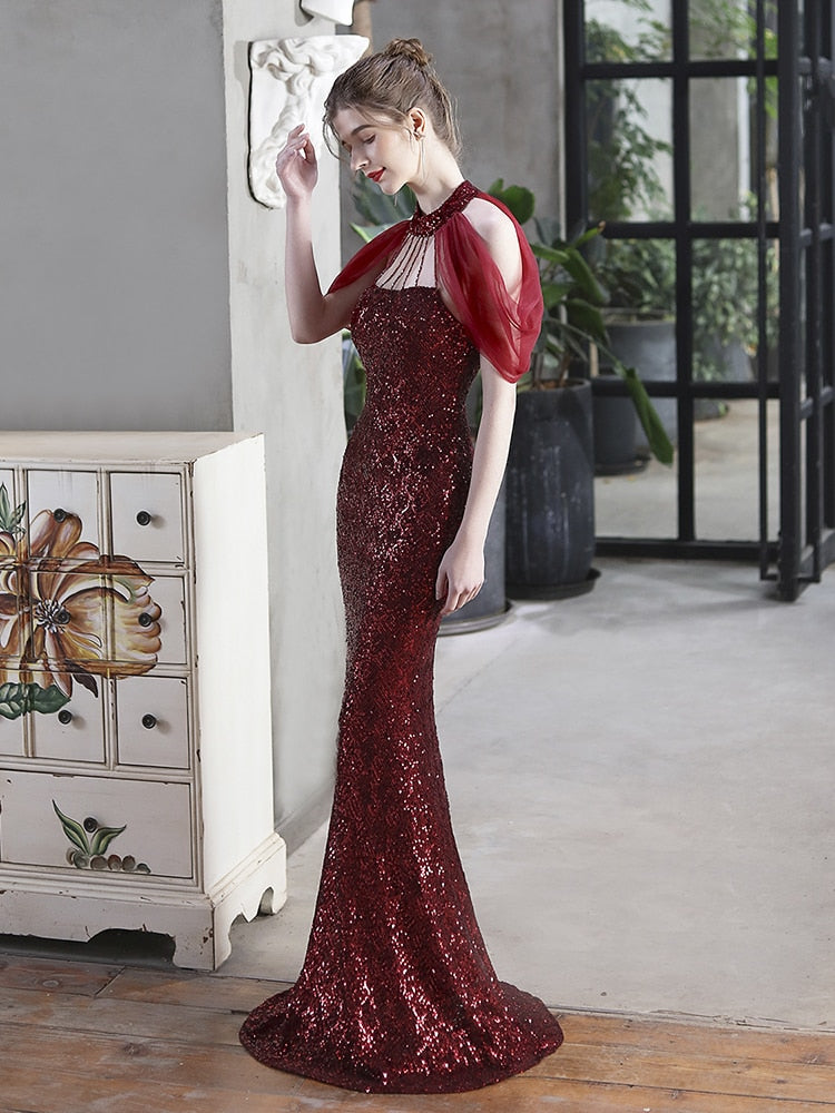 Vestido De Festa Longo Com Decote Em Tule Marsala