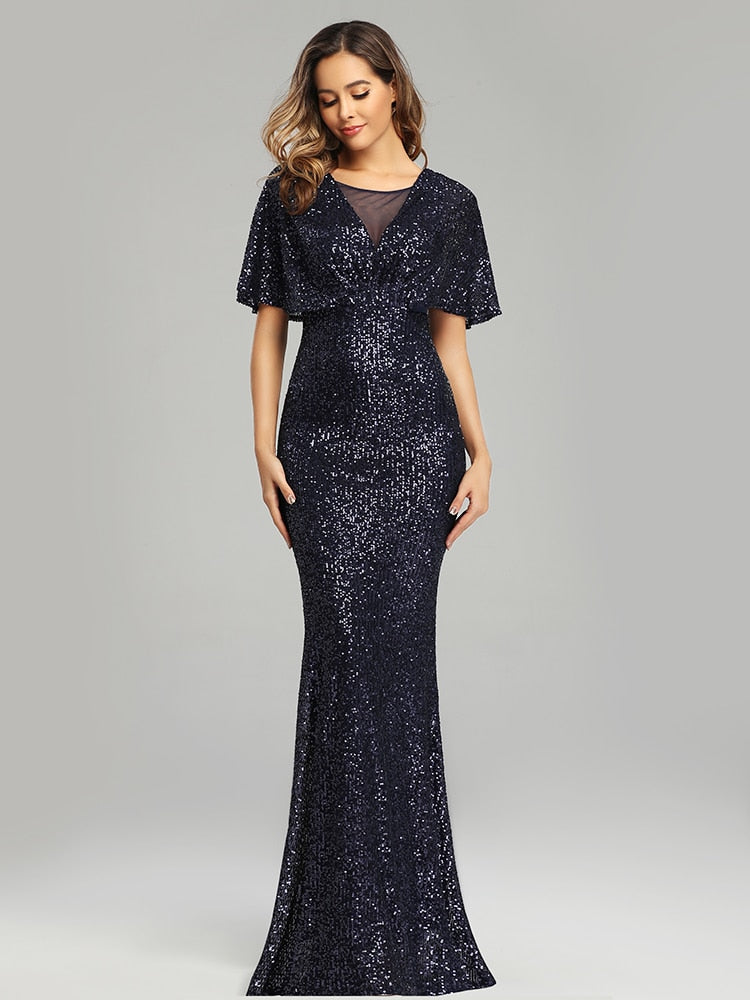 Vestido Festa Sereia com Detalhes Paetês Azul Marinho