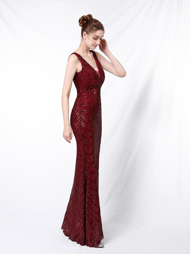 Vestido de Festa Longo Sereia Brilho sem Manga Marsala