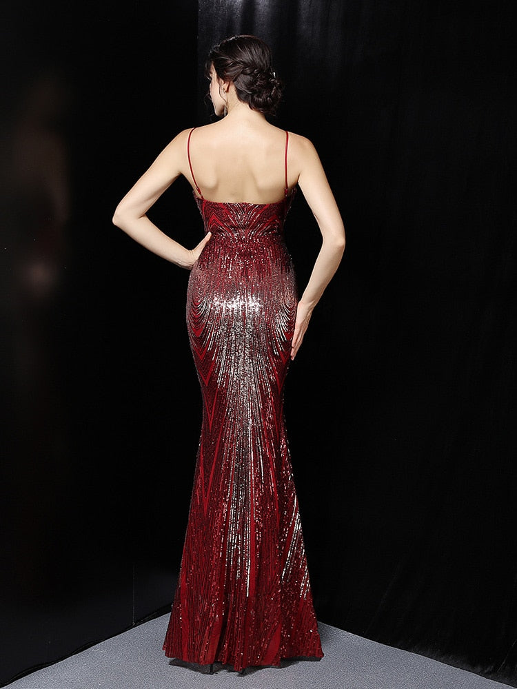 Vestido de Festa Longo Sereia Brilho e Alça Espaguete Marsala