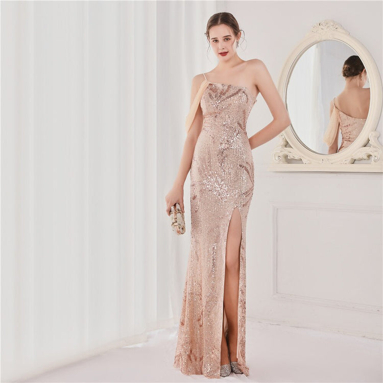 Vestido de Festa Luxo com Paetês Bordados Dourado