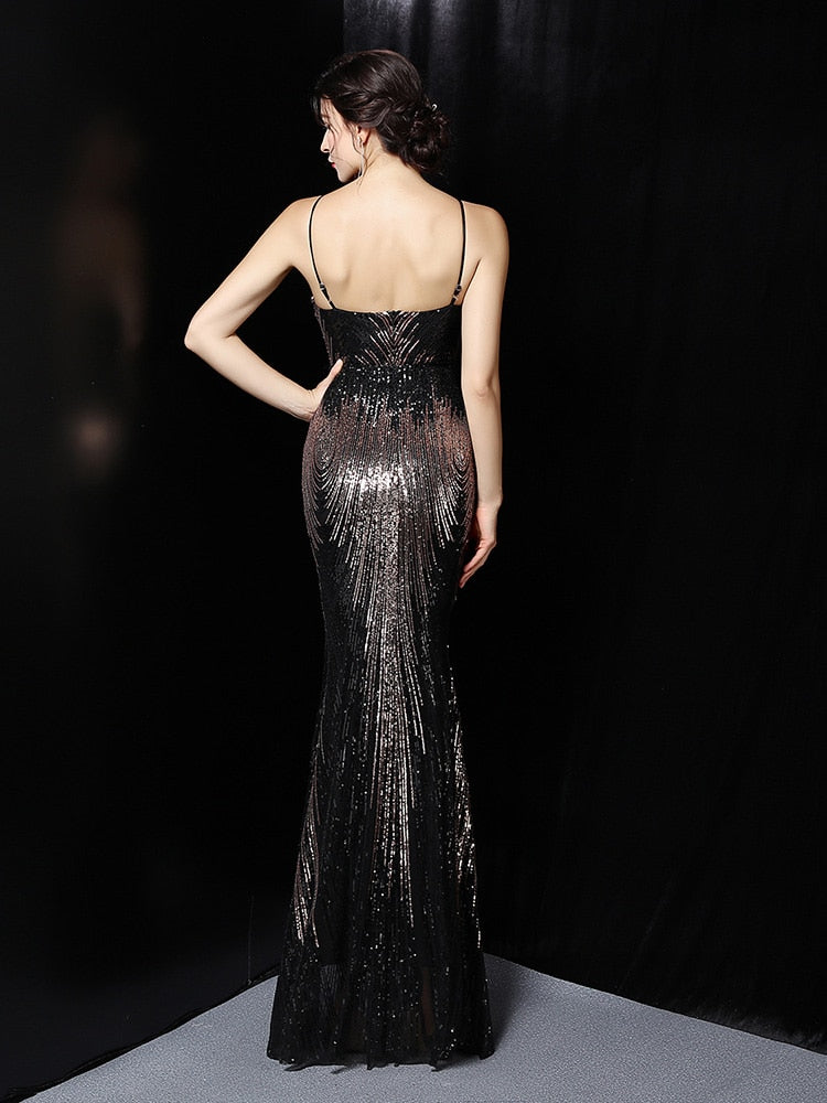 Vestido de Festa Longo Sereia Brilho e Alça Espaguete Preto