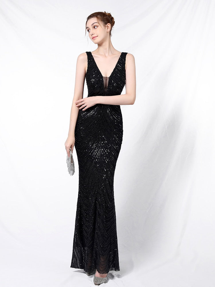 Vestido de Festa Longo Sereia Brilho sem Manga Preto