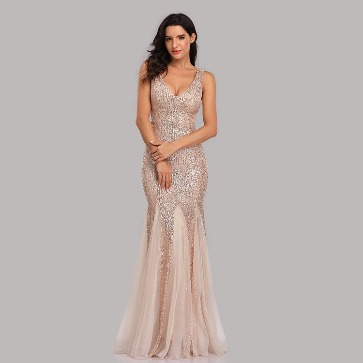 Vestido de Festa Longo Sereia com Detalhes Paetês Dourado (Pronta Entrega)