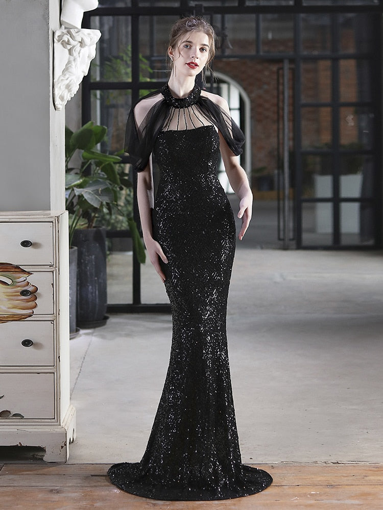 Vestido De Festa Longo Com Decote Em Tule Preto