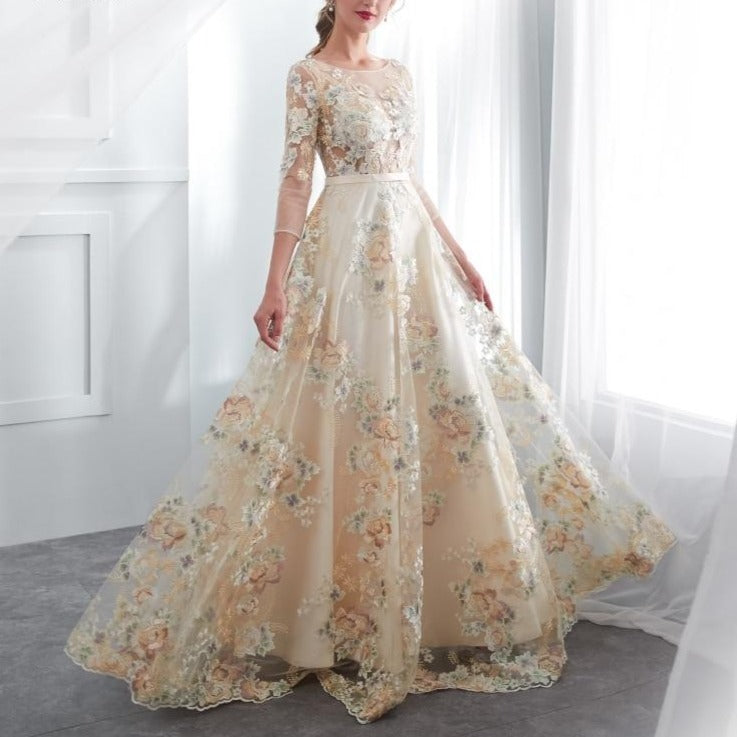 Vestido de Festa Luxo em Tule Champanhe com Estampa Floral