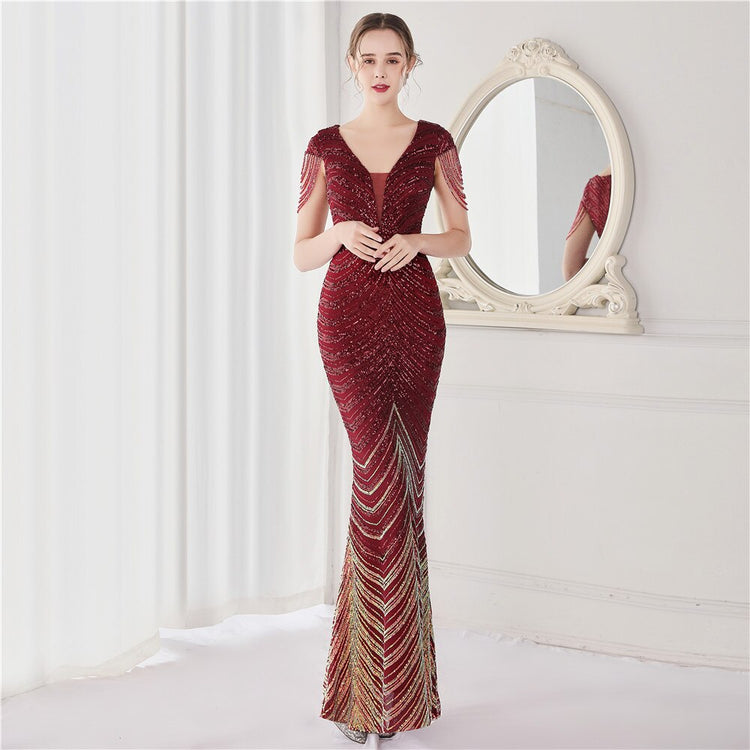Vestido de Festa Luxo Sereia com Detalhes Paetês Marsala