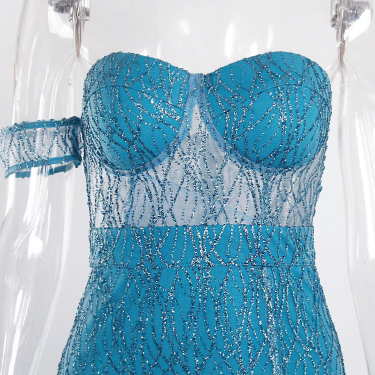 Vestido de Festa Longo com Fenda e Transparência Azul Serenity