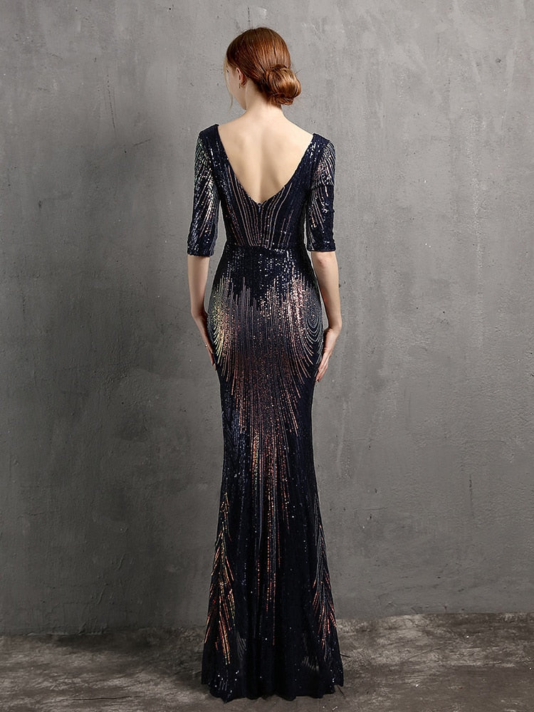 Vestido de Festa Longo Sereia Chiffon Brilho Azul Marinho