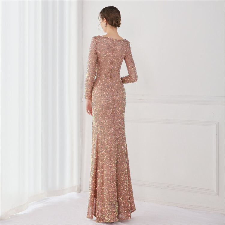 Vestido de Festa Longo Luxo Todo Detalhado em Paetês Dourado