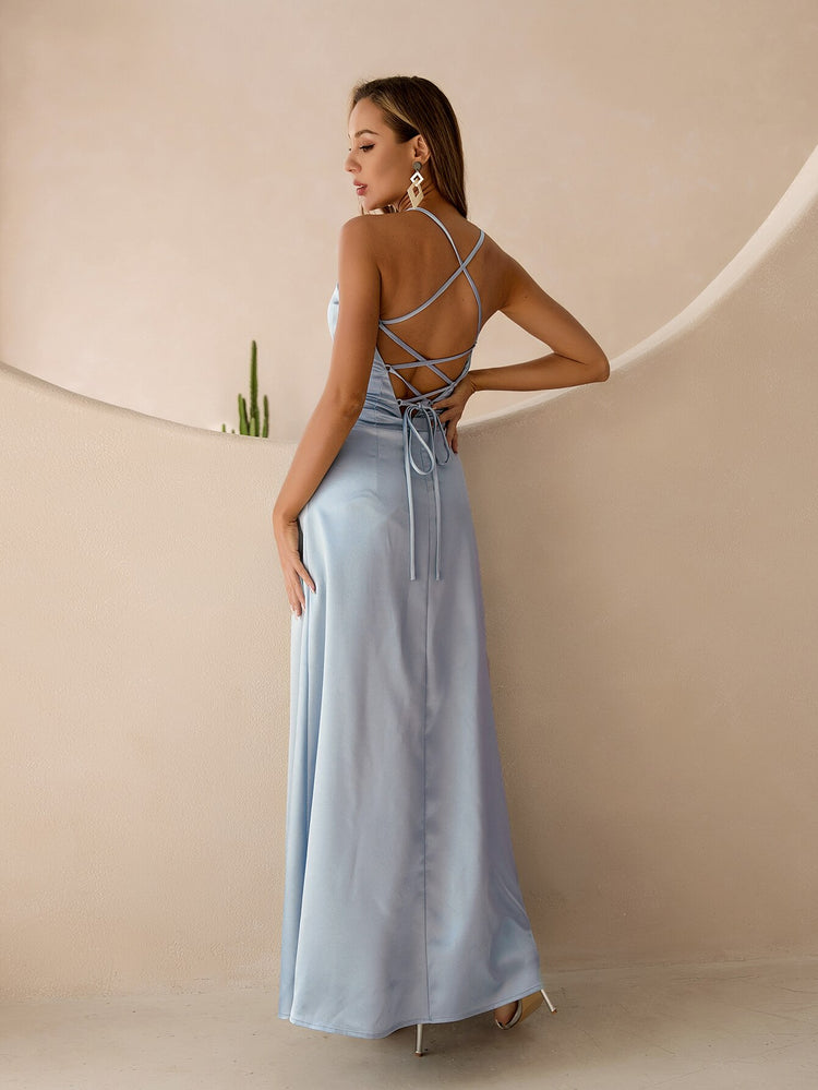 Vestido de Festa Longo com Renda de Contraste Azul Serenity
