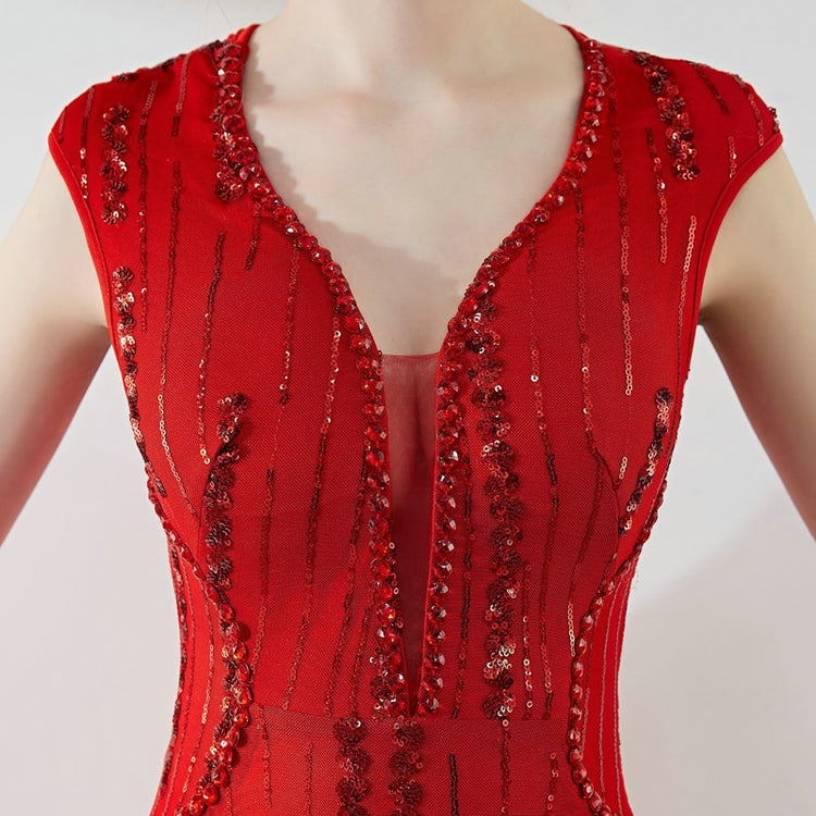 Vestido de Festa Longo Sereia com Decote V Brilho Vermelho