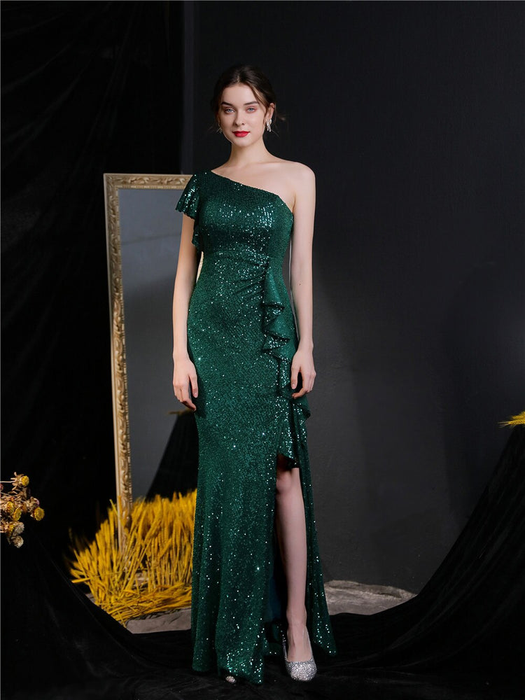 Vestido de Festa Longo Assimétrico com Detalhes Babados Verde