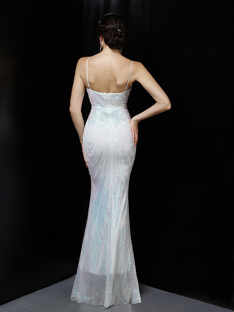 Vestido de Festa Longo Sereia Brilho e Alça Espaguete Branco