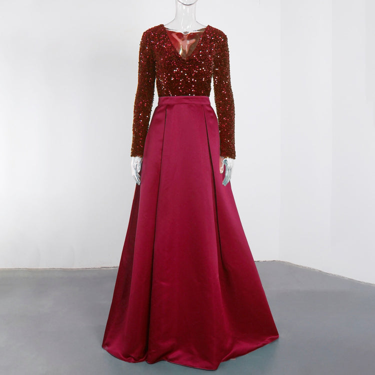 Vestido de Festa Longo Brilho com Abertura Lateral Marsala
