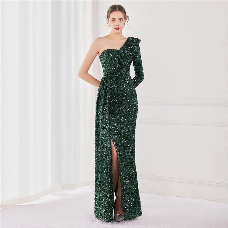 Vestido de Festa Longo com Babados Assimétricos Verde