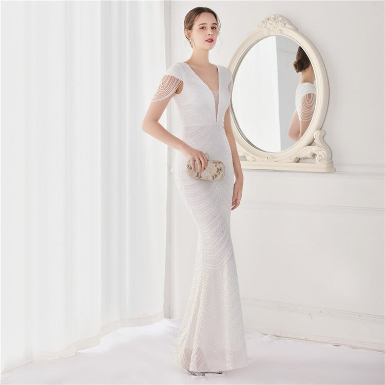 Vestido de Festa Luxo Sereia com Detalhes Paetês Branco