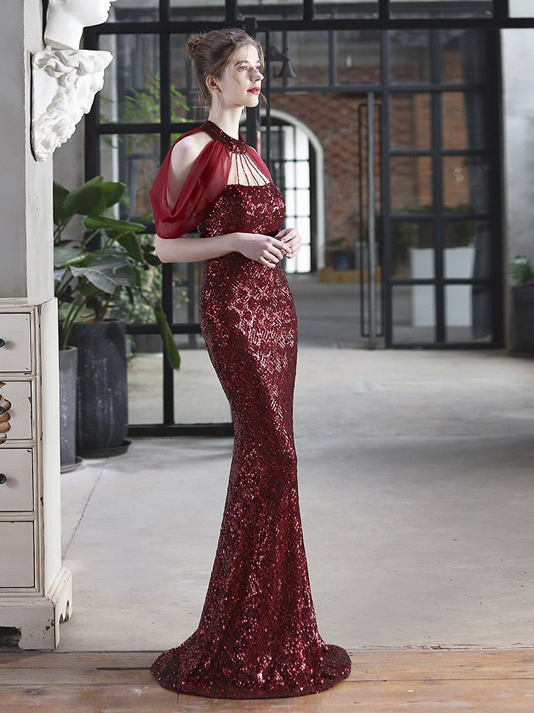 Vestido De Festa Longo Com Decote Em Tule Marsala