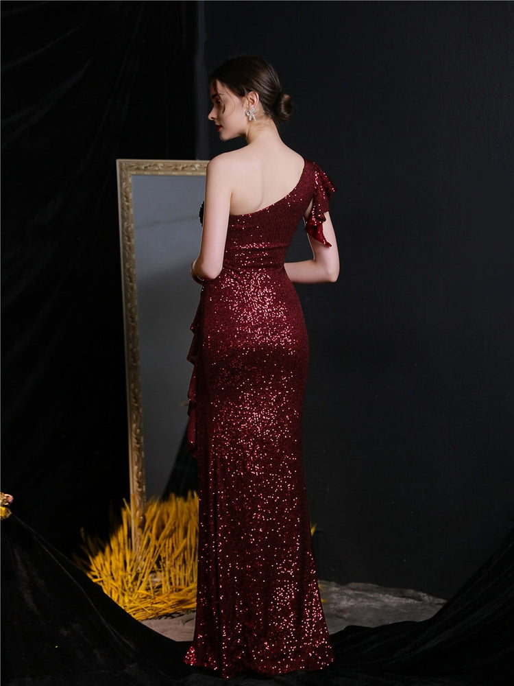 Vestido de Festa Longo com Abertura Bordada Brilho Marsala