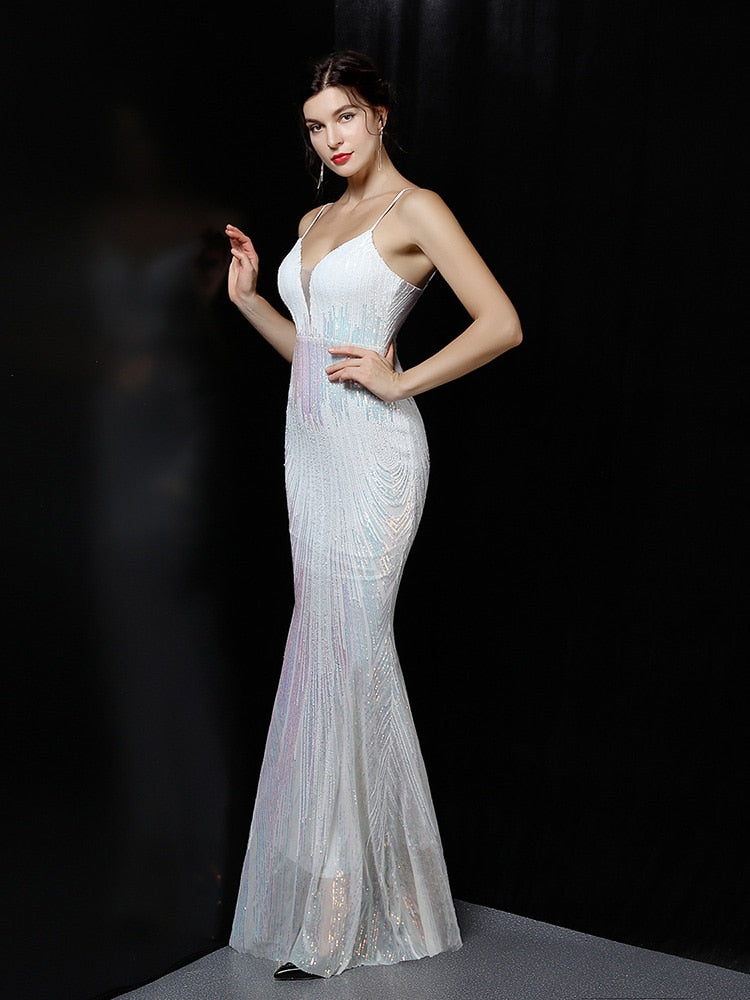 Vestido de Festa Longo Sereia Brilho e Alça Espaguete Branco