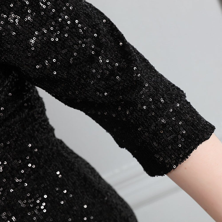 Vestido de Festa Midi com Tecido Brilho e Babados Preto