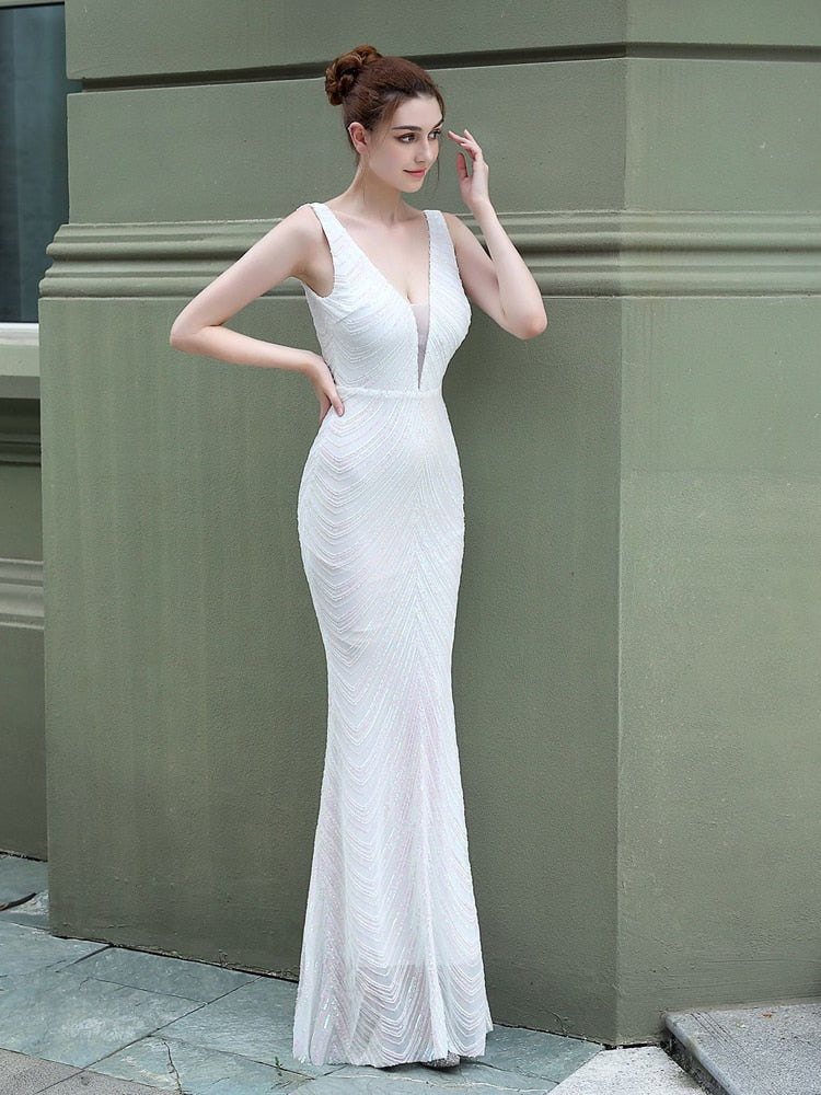 Vestido de Festa Longo Sereia Brilho sem Manga Branco