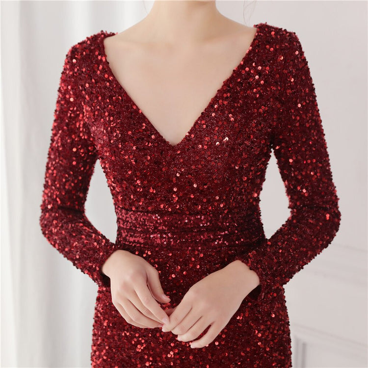 Vestido de Festa Longo Luxo Todo Detalhado em Paetês Marsala