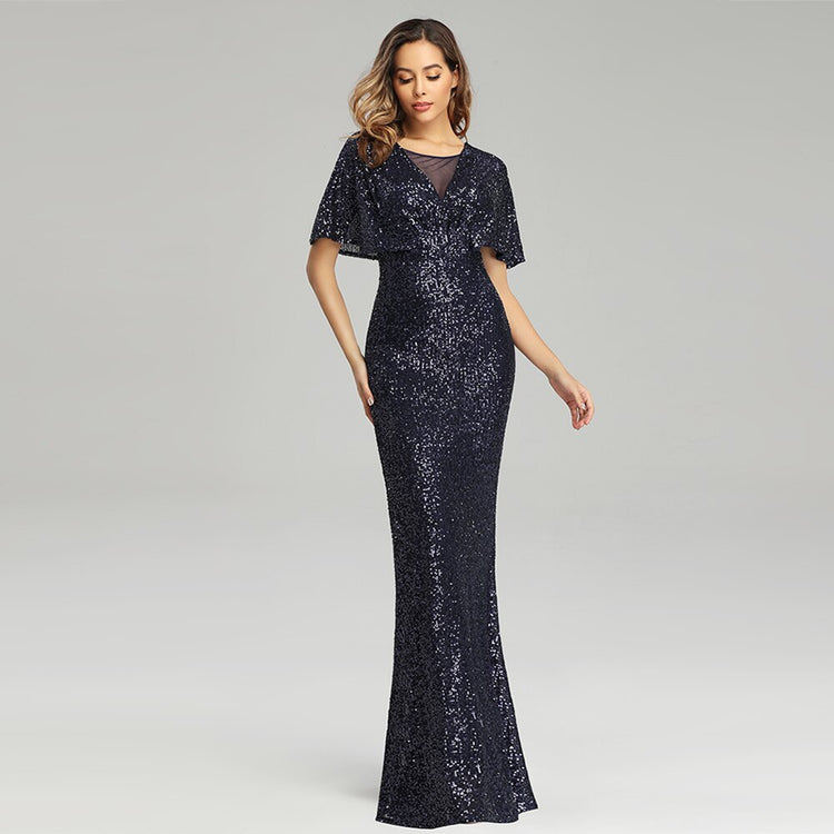 Vestido Festa Sereia com Detalhes Paetês Azul Marinho