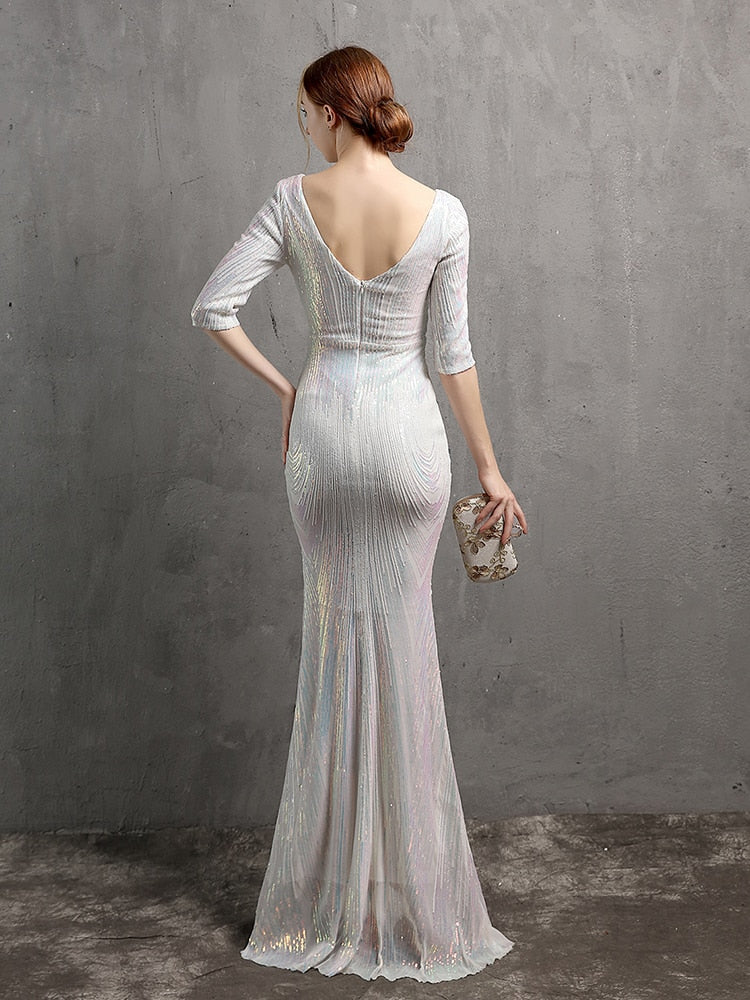 Vestido de Festa Longo Sereia Chiffon Brilho Branco