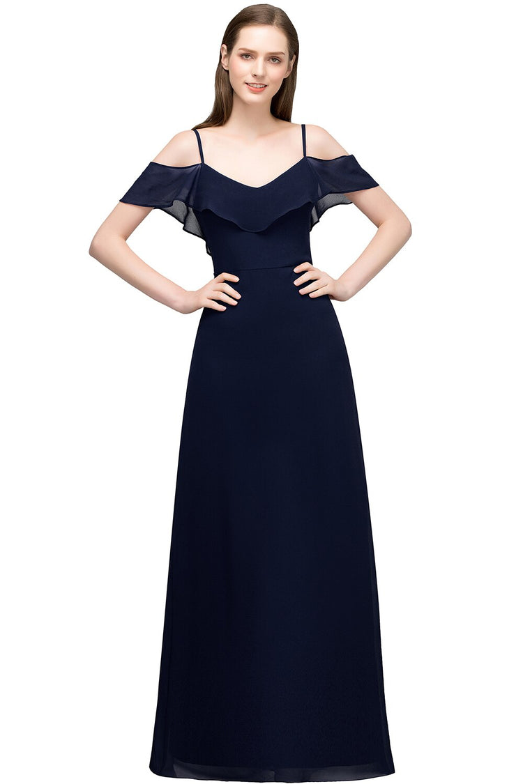 Vestido de Festa Longo com Detalhes Babados Azul Marinho