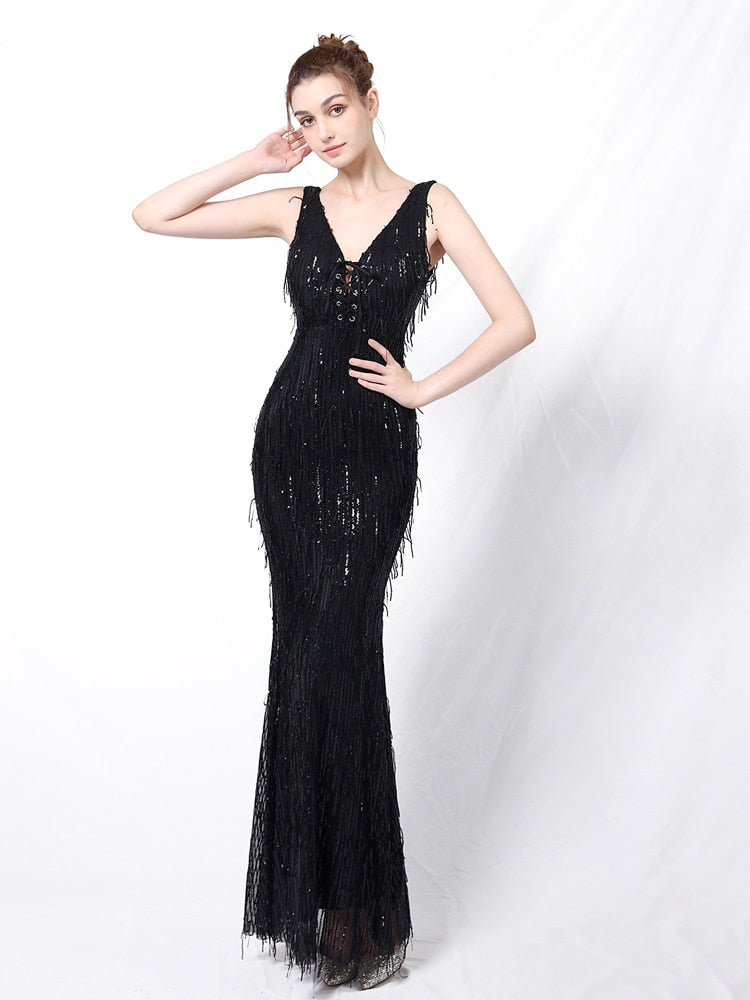 Vestido de Festa Longo Sereia Brilho Bordado Preto