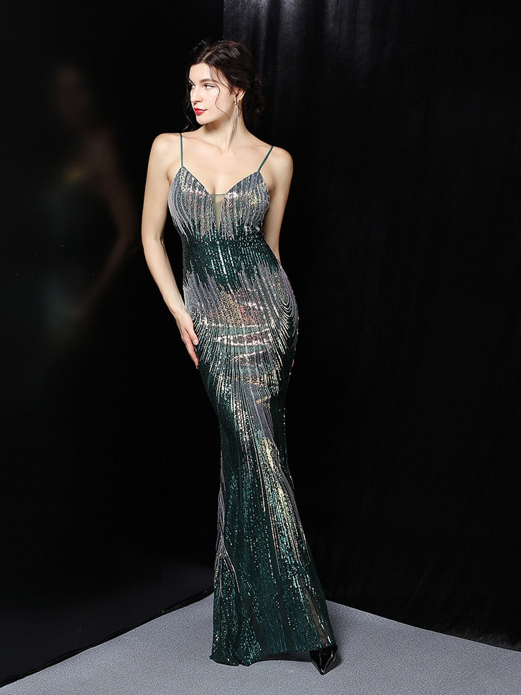 Vestido de Festa Longo Sereia Brilho e Alça Espaguete Verde Escuro