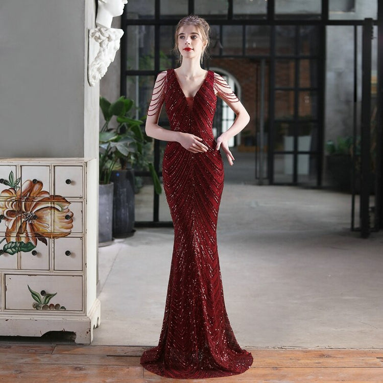 Vestido de Festa Sereia Luxo com Detalhes em Paetês Marsala