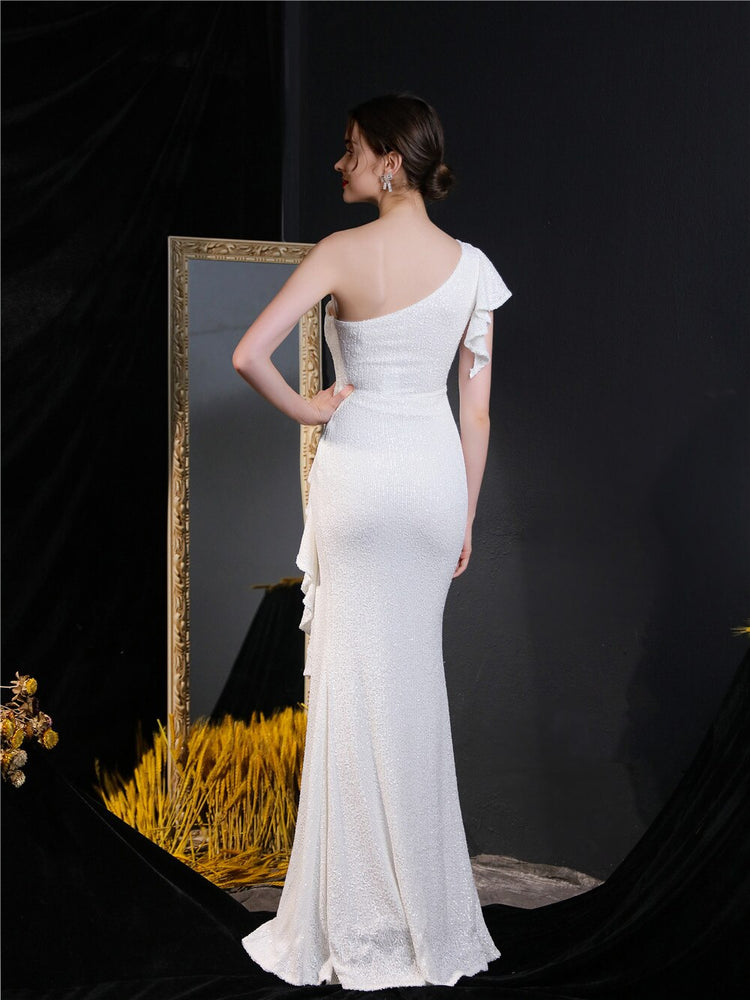 Vestido de Festa Longo Assimétrico com Detalhes Babados Branco